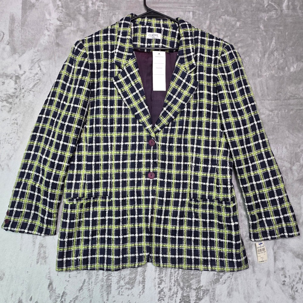 Clichy Womens Plaid Blazer Jacket Navy Lime Green White Boucle Made in Canada 16